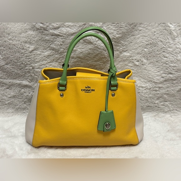 Vintage Coach Small Margot Carryall Yellow Leather Tote with Green Handles - Picture 2 of 16